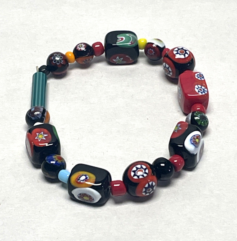 Vintage Murano Style Millefiori Glass Bead Stretch Bracelet 8in Multicolor Red